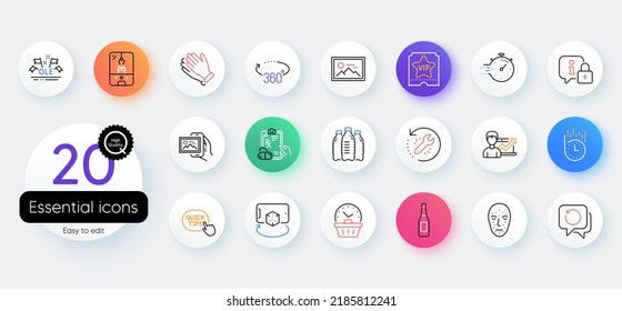 Simple set of Crane claw machine, Recovery tool and Water bottles line icons. Include Lock, Recovery data, Photo icons. Quick tips, Timer, Image album web elements. Fast delivery. Vector