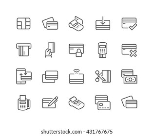 Simple Set Of Credit Card Related Vector Line Icons. 
Contains Such Icons As Chip, Register, Safe Payment, Cash, Sync And More. 
Editable Stroke. 48x48 Pixel Perfect. 