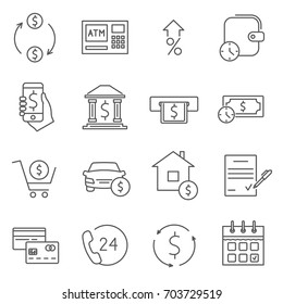 Simple Set of credit Related Vector Line Icons. Contains such Icons as bank, money, credit card, loan, debt, Deposit, banking machine and more.