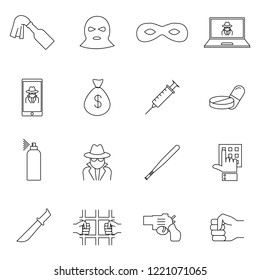 Simple Set of Crime Related Vector Line Icons. Contains such Icons as Robbery, Terrorism, Piracy, Hacking and more. Symbol, logo illustration.
