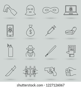 Simple Set of Crime Related Vector Line Icons. Contains such Icons as Robbery, Terrorism, Piracy, Hacking and more. Symbol, logo illustration.