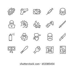 Simple Set of Crime Related Vector Line Icons. 
Contains such Icons as Robbery, Terrorism, Piracy, Hacking and more.
Editable Stroke. 48x48 Pixel Perfect.