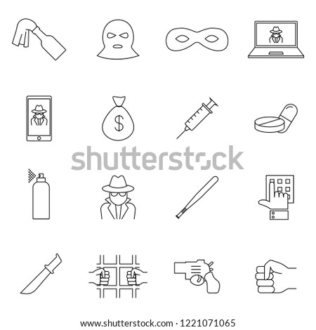 Simple Set of Crime Related Vector Line Icons. Contains such Icons as Robbery, Terrorism, Piracy, Hacking and more. Symbol, logo illustration.