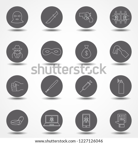 Simple Set of Crime Related Vector Line Icons. Contains such Icons as Robbery, Terrorism, Piracy, Hacking and more. Thin line vector icons for website design and development, app development.