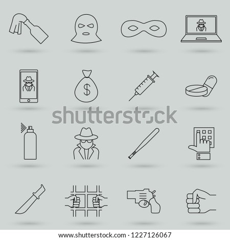Simple Set of Crime Related Vector Line Icons. Contains such Icons as Robbery, Terrorism, Piracy, Hacking and more. Symbol, logo illustration.