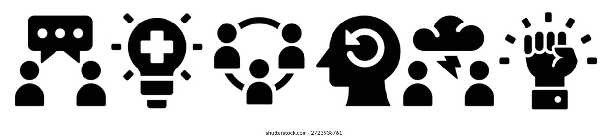 Conjunto simples de ícones sólidos de vetor relacionados ao gerenciamento de crises. Contém ícones como conflito, comunicação, conexão e muito mais.