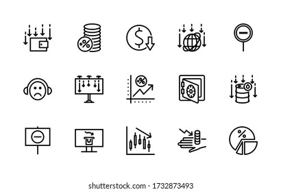 Ein einfacher Satz von krisenbezogenen Vektorlinearen Symbolen. Enthält die folgenden Symbole: Safe, Brieftasche, Manager, Dollar, Computer und mehr. Bearbeitbarer Stroke. 48x48 Pixel sind perfekt.