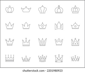 Simple Set of crown Related Vector Line Icons. 
Vector collection of king and queen crowns symbols or logo elements in thin outline.