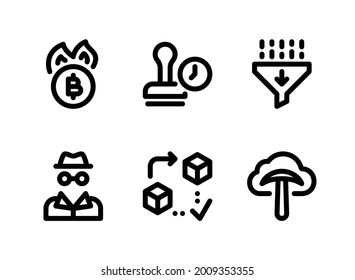 Simple Set of Crypto Related Vector Line Icons. Contains Icons as Coin Burning, Timestamp, Hash Function and more.