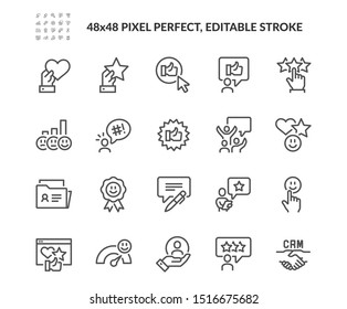 Simple Set of Customer Satisfaction Related Vector Line Icons. 
Contains such Icons as CRM, User Feedback, Rating and more. Editable Stroke. 48x48 Pixel Perfect.
