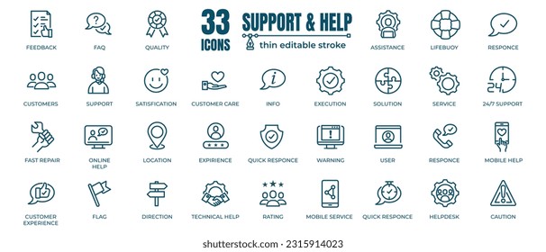 Simple set of Customer Service, Help and Support Related Vector Line Icons. Contains thin Icons as FAQ, Customer, Responce and Helpdesk. Editable Stroke. 48x48 Pixel Perfect