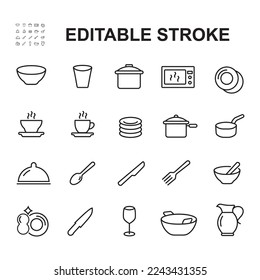 Simple Set of Cutlery And Cooking Related Vector Line Icons. Contains Icons like Teapot, Clean plate, Glass and more. Editable Stroke. Eps 10.