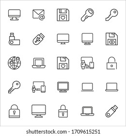 Einfache Sammlung von Cyber-Symbolen im trendigen Linienstil. Moderne Vektorillustration-Symbole einzeln auf weißem Hintergrund. Lineare Piktogrammpackung. Kollektion von Line-Icons für Web-Apps und mobiles Konzept.