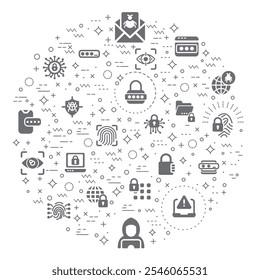 Conjunto simples de segurança cibernética relacionado à ilustração de linha de vetor. Contém ícones como proteção, vírus, hackers, hackers, bug, antivírus, bloqueio cibernético, rede, spam e muito mais.