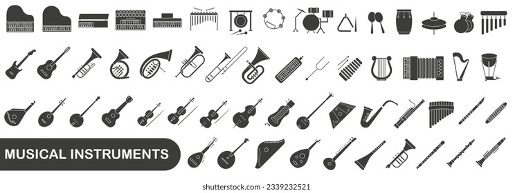 Un simple conjunto de instrumentos musicales oscuros y huecos. Imágenes de diversos instrumentos musicales. EPS 10. 