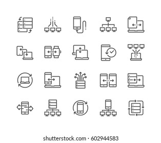 Einfache Set von Vektorliniensymbolen zum Datenaustausch. 
Enthält solche Symbole wie z.B. Telefonabsicherung, Datenverkehr, Synchronisierung und mehr.
 Bearbeitbarer Stroke.