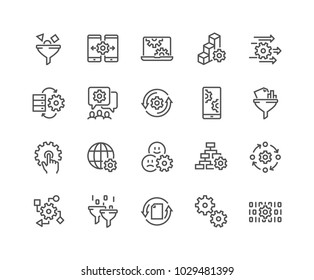 Simple Set of Data Processing Related Vector Line Icons. 
Contains such Icons as Filter, Gear, Scheme and more.
Editable Stroke. 48x48 Pixel Perfect.