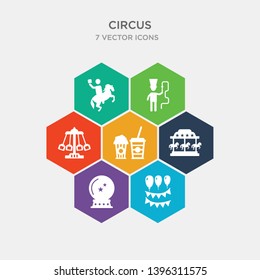 simple set of decoration, magic ball, merry go round, pop corn icons, contains such as icons ride, ringmaster, rodeo and more. 64x64 pixel perfect. infographics vector