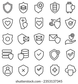 Einfache Set von Vektor-Symbolen für Verteidigungslinien. Enthält Symbole wie Computersicherheit, Regenschirm, Schild und mehr