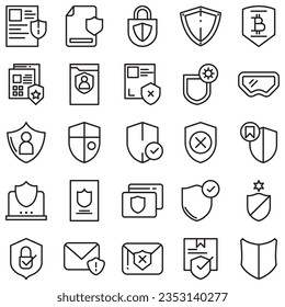 Conjunto simple de iconos vectores de línea relacionados con la defensa. Contiene iconos como Seguridad del equipo, Paraguas, Escudo y más