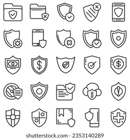 Conjunto simple de iconos vectores de línea relacionados con la defensa. Contiene iconos como Seguridad del equipo, Paraguas, Escudo y más