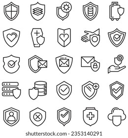Conjunto simple de iconos vectores de línea relacionados con la defensa. Contiene iconos como Seguridad del equipo, Paraguas, Escudo y más