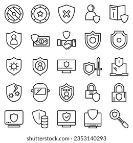 Conjunto simple de iconos vectores de línea relacionados con la defensa. Contiene iconos como Seguridad del equipo, Paraguas, Escudo y más