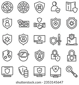 Simple Set of Defense Related Line Vector Icons. Contains Icons such as Computer Security, Umbrella, Shield and more