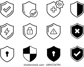Simple set of defense safety vector icon. Contain shield icon such as corona virus safety, Protection guaranteed, Privacy, lock safety, shelter and sign of infographics.