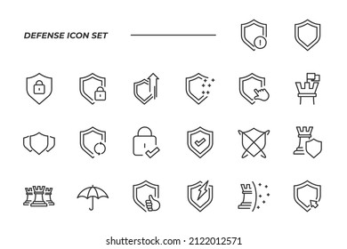 simple set of Defense vector icons with editable line styles covering Computer Security, Umbrella, Shield and other. isolated on white background. 