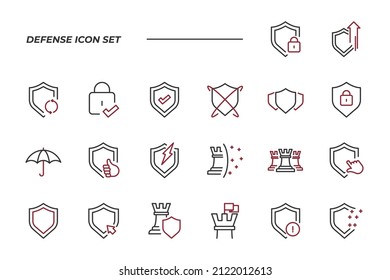 simple set of Defense vector icons with editable line styles covering Computer Security, Umbrella, Shield and other. isolated on white background. 