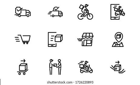 Simple Set of Delivery  Line Icons
.contains a bicycle courier icon, delivery car, shopping basket and others.vector illustration