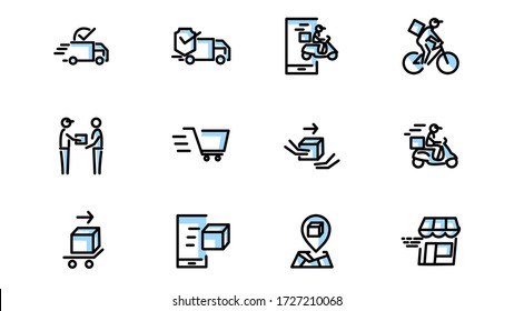 Simple Set of Delivery  Line Icons
contains a bicycle courier icon, delivery car, shopping basket and others.vector illustration