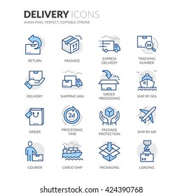 Simple Set of Delivery Related Color Vector Line Icons. 
Contains such Icons as Loading, Express Delivery, Tracking Number Search, Cargo Ship and more. 
Editable Stroke. 64x64 Pixel Perfect. 