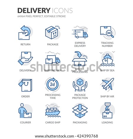 Simple Set of Delivery Related Color Vector Line Icons. 
Contains such Icons as Loading, Express Delivery, Tracking Number Search, Cargo Ship and more. 
Editable Stroke. 64x64 Pixel Perfect. 