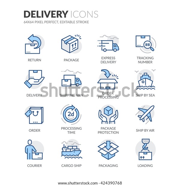 Simple Set of Delivery Related Color Vector Line Icons.\
\
Contains such Icons as Loading, Express Delivery, Tracking Number\
Search, Cargo Ship and more. \
Editable Stroke. 64x64 Pixel\
Perfect. 