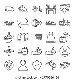 Simple Set of Delivery Related Vector Line Icons. Contains such Icons as Priority Shipping, Express Delivery, Tracking Order and more. Editable Stroke.