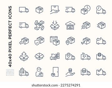 Simple set of Delivery service icon set. Contains such Icons as Warehouse, Storage and box or parcel package outline, Express Shipping, Supply. Editable stroke