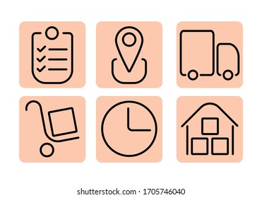 Einfacher Lieferservice für Logistikunternehmen: Kartons, Uhren, Trolleys, LKW, Checkliste und Standort. Vektorillustration-Illustrationssymbole EPS10.