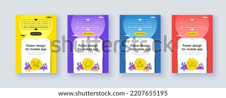 Simple set of Delivery truck, Speech bubble and Online voting line icons. Poster offer design with phone interface mockup. Include Feedback icons. For web, application. Vector