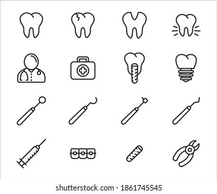 Simple Juego de diseño gráfico de iconos de dentista dan odontología relacionada con vectores. Contiene íconos como dientes, dientes, orificios, grietas, dañados, prótesis, abono, pinza, molino, espejo, jeringa, pulsera y alicates