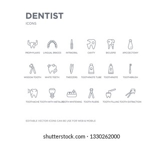 simple set of dentist vector line icons. contains such icons as tooth extraction, tooth filling, tooth pliers, whitening, with metallic root, toothache, toothbrush, toothpaste, toothpaste tube and