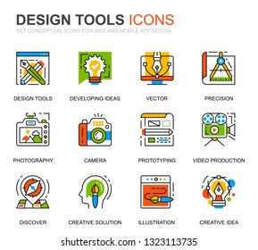 Simple Set Design Tools Line Icons for Website and Mobile Apps. Contains such Icons as Creative, Developing, Precision, Vision, Sketch. Conceptual color line icon. Vector pictogram pack.