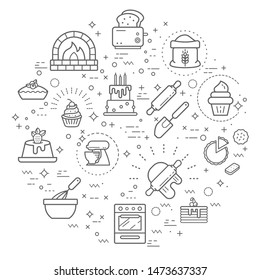 Simple Set of dessert and bakery Related Vector Line Illustration. Contains such Icons as cake,  flour, cupcake and tarte and Other Elements.  background color white