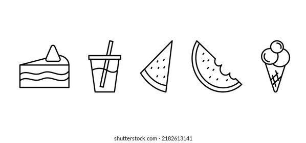 Simple set of dessert vector line icons. Contains such icons as cake, watermelon, cold drink, ice cream. Set of five icons