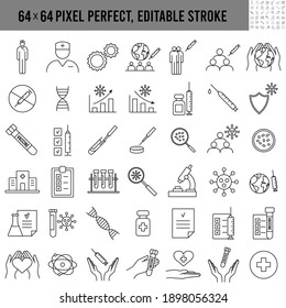 Simple set. Development and creation vaccine. Clinical Research, Antibody, Laboratory, Immune, Treatment, Syringe. Vaccines to provention, fight against Coronavirus. Vector Line Icons. Editable Stroke