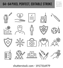 Simple set. Development and creation vaccine. Clinical Research, Antibody, Laboratory, Immune, Treatment, Syringe. Vaccines to provention, fight against Coronavirus. Vector Line Icons. Editable Stroke