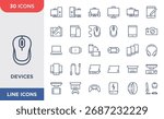 Simple set of Device icons. Contains icons such as Computer, smartphone, camera, and mouse. Editable strokes