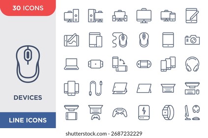 Simple set of Device icons. Contains icons such as Computer, smartphone, camera, and mouse. Editable strokes