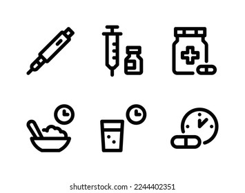 Simple Conjunto de Iconos de Línea Vectora Relacionados con la Diabetes. Contiene iconos como insulina, jeringas, medicamentos y más.